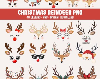 Christmas Reindeer Faces PNG Bundle, Cute Boy & Girl Reindeer Clipart, Holiday Reindeer Face PNG, Festive Kids Christmas Art,