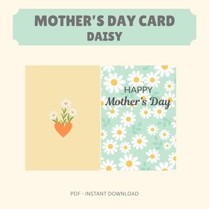 Cartão para impressão de Dia das Mães, Ilustração de flor margarida, Presente digital para mãe, Download instantâneo, Cartão exclusivo para Dia das Mães