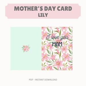 Cartão para impressão de Dia das Mães, Ilustração de flor de lírio, Presente digital para mãe, Download instantâneo, Cartão exclusivo para o Dia das Mães