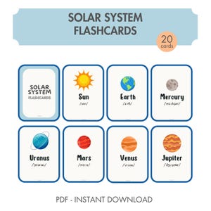 Flashcards zonnestelsel, planeten, astronomie, leerkaarten, flashcards voor kinderen, afdrukbaar, ruimteavontuur, uitspraakgids