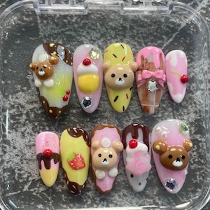 Handmade Bear Dessert Press On Nails | 3D Kawaii Sweets, Chocolate Drips & Cute Animal Art | Oval Nails for Sweet Lovers