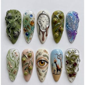 Handmade Press On Nails | Salvador Dalí Surrealism Art | 3D Melting Clock, Burning Giraffe & Medusa Set