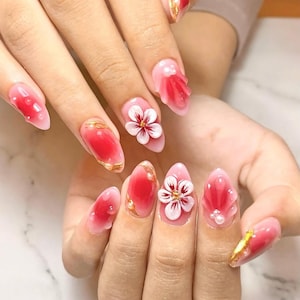 Cherry Blossom Nails – 3D Floral Press On Nails, Pink Petal Art with Gold Foil & Pearls, Glossy Handmade Spring Picnic Nail Set