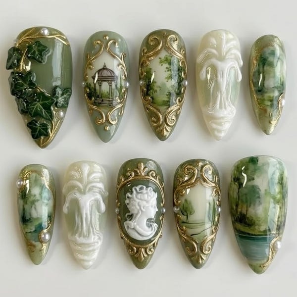 Unghie finte da giardino neoclassico fatte a mano / Scultura artistica 3D con cammeo e fontana / Set di lusso con mandorla botanica verde salvia