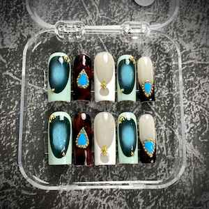 Handmade Elegant Gemstone Press On Nails | 3D Blue Jewel Charms, Gold Accents & Glossy Gradient Art | Coffin Nails For Luxury Chic Vibe