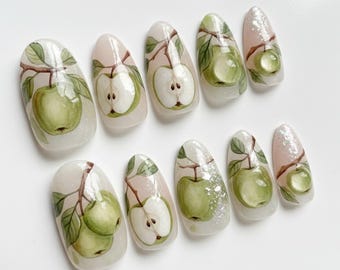 Uñas prensadas botánicas de manzana verde hechas a mano / Arte de frutas y hojas 3D pintado a mano / Juego ovalado de lujo con esmalte transparente y brillo