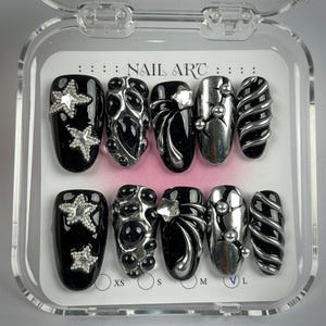 Handmade Gothic Chrome Press On Nails | 3D Star Charms, Metallic Swirls & Beads | Long Nails For Bold Party Vibe
