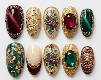 Handmade Press On Nails | Royal Baroque Art | Emerald & Ruby Jewelry Gem Set
