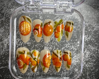 Handmade Orange Slice Press On Nails | 3D Citrus Almond Nails