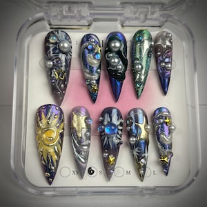 Handmade Astral Cosmic Press On Nails | 3D Stars, Pearls & Metallic Planet Accents | Stiletto Nails For Space Fantasy Vibe