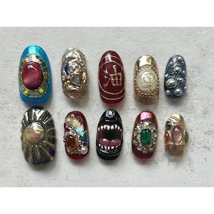 Handmade Maximalist Press On Nails | 3D Gems, Sculpted Mouth, Gold Symbols & Abstract Pearl Art | Short Nails For Bold Statement Vibe