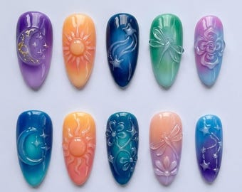 Uñas postizas hechas a mano / Paisaje onírico de aura celestial / Arte 3D de sol, luna y libélula