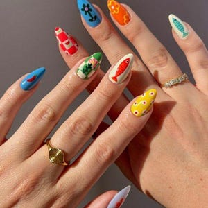 Colorful Cartoon Press On Nails | Hand Painted Fish, Flowers & Chillies | Playful Summer Doodle Nails, Gift for Her