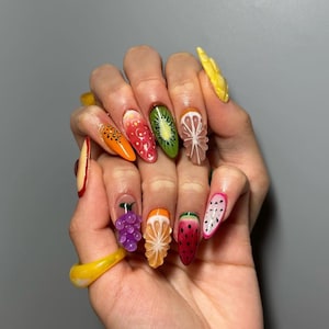 Juicy Fruit Nails – 3D Handmade Press On Nail Set with Colorful Summer Fruit Design, Reusable & Perfect for Fun Tropical Vibes