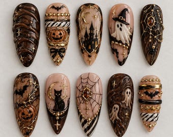 May include: A set of ten almond-shaped press-on nails featuring intricate Halloween designs in black, gold, and beige. The nails display motifs including ghosts, pumpkins, black cats, bats, haunted houses, spider webs, and stars with 3D-like details.