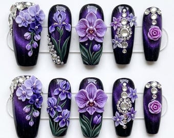 Handmade Press On Nails | Royal Purple Orchid | 3D Sculpted Iris, Dark Botanical, Crystal Gems & Cat-eye Velvet Set