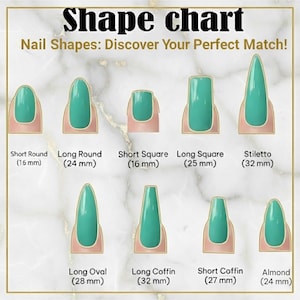 Puede incluir: Un gr&aacute;fico de formas de u&ntilde;as con ejemplos de esmalte de u&ntilde;as turquesa. El gr&aacute;fico muestra varias formas de u&ntilde;as, incluyendo Short Round (16 mm), Long Round (24 mm), Short Square (16 mm), Long Square (25 mm), Stiletto (32 mm), Long Oval (28 mm), Long Coffin (32 mm), Short Coffin (27 mm) y Almond (24 mm).