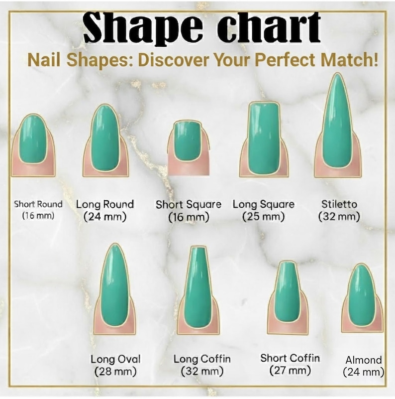 Puede incluir: Un gr&aacute;fico de formas de u&ntilde;as con ejemplos de esmalte de u&ntilde;as turquesa. El gr&aacute;fico muestra varias formas de u&ntilde;as, incluyendo Short Round (16 mm), Long Round (24 mm), Short Square (16 mm), Long Square (25 mm), Stiletto (32 mm), Long Oval (28 mm), Long Coffin (32 mm), Short Coffin (27 mm) y Almond (24 mm).