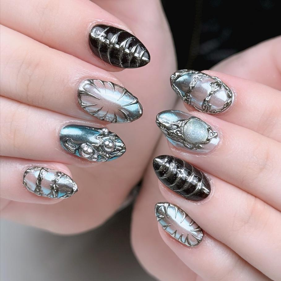 Metallic Black Chrome Press On Nails with 3D Chains & Pearls – Handmade Nail Set for Bold Glam Look