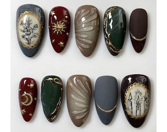 Handmade Gothic Floral Press On Nails | 3D Moon, Candle, Botanical & Star Accents In Deep Earthy Tones | Elegant Nails For Fall Vibe