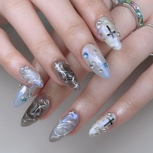 Gothic Fairy Chrome Press On Nails | 3D Spider Web & Cross Charms | Long Stiletto Dark Fantasy Nail Art for Baddies