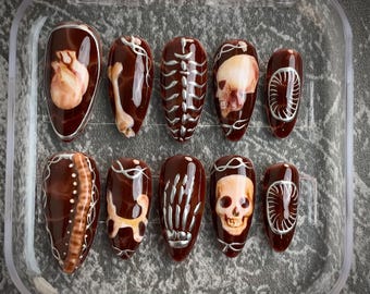 Squelette gothique fait main à presser sur les ongles : Ongles en amande tête de mort 3D