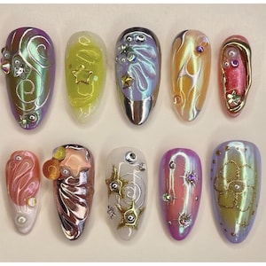 Handmade Galaxy Star Press On Nails | 3D Metallic Swirls, Shimmer Orbs & Cosmic Charm Accents | Almond Nails For Space Fantasy Vibe
