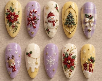 May include: Ten almond-shaped press-on nails featuring festive Christmas designs including a poinsettia, candy cane, snowman, Christmas tree, plaid pattern, reindeer, dripping icing, snowflakes, and gift boxes with raised 3D details.
