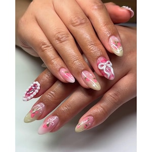 Handmade Strawberry Bow Press On Nails | 3D Heart Lace Charm & Pink Fruit Design | Long Almond Cute Nails for Summer or Gift for Her