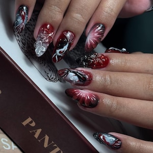 Handmade Red Black Press On Nails | 3D Floral & Swirl Design | Glossy Long Almond Nails for Gothic Glam Look or Night Out Style