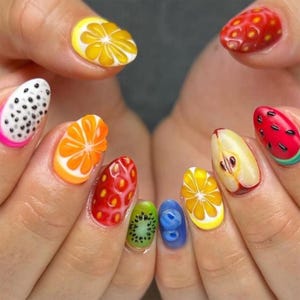 Fruit Mix Press On Nails | 3D Summer Fruit Nail Art with Kiwi, Orange, Watermelon & Apple | Handmade Colorful Nails for Gift for Her