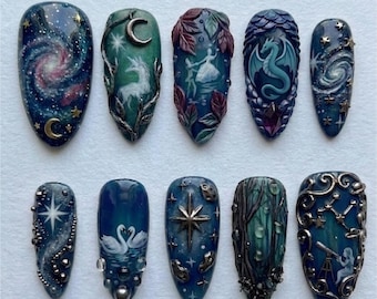Handmade Press On Nails | Whimsical Dark Fantasy | 3D Blue Dragon & Celestial White Unicorn Design