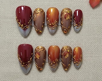 Luxury Ornate Autumn Press On Nails: Gold Filigree, Metallic Tips & Leaf Art