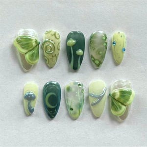 Handmade Forest Fantasy Press On Nails | 3D Butterfly, Mushroom & Moon Art In Green Tones | Almond Nails For Naturecore Vibe