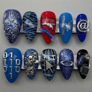 Futuristic Tech Error 404 Press On Nails | Y2K Cyberpunk Binary Code Blue Fake Nails