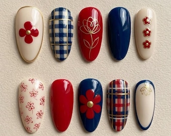 Handmade Press On Nails | Vintage French Gingham | Red & Navy Blue Plaid Floral Art Set