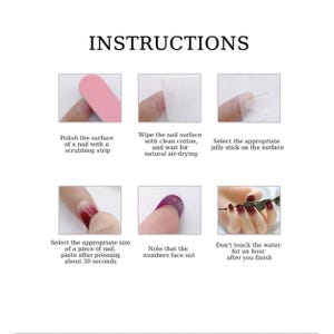 Puede incluir: Una gu&iacute;a paso a paso con instrucciones para aplicar extensiones de u&ntilde;as. La imagen muestra seis pasos, incluyendo pulir la u&ntilde;a, limpiar con algod&oacute;n, seleccionar una pegatina de gelatina, aplicar la u&ntilde;a y evitar el agua durante una hora. La palabra "INSTRUCTIONS" est&aacute; en la parte superior.