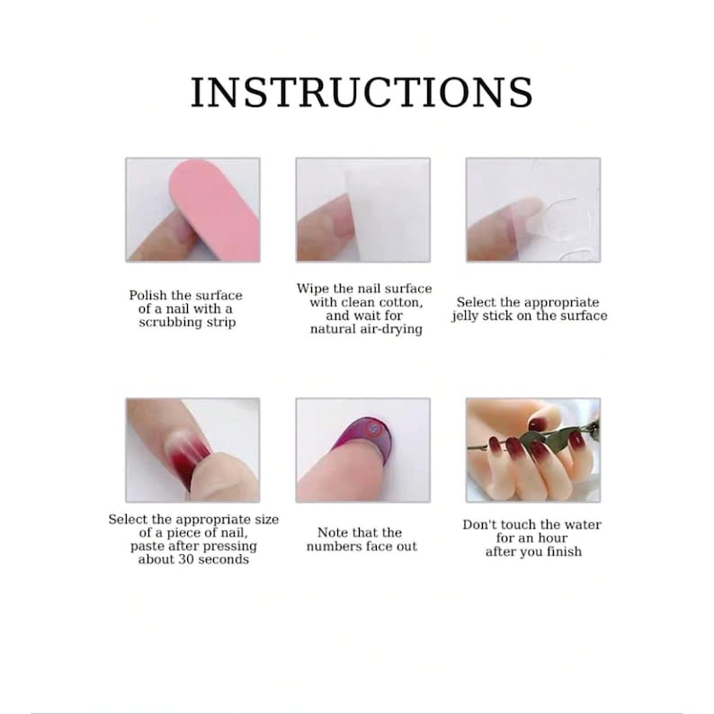 Puede incluir: Una gu&iacute;a paso a paso con instrucciones para aplicar extensiones de u&ntilde;as. La imagen muestra seis pasos, incluyendo pulir la u&ntilde;a, limpiar con algod&oacute;n, seleccionar una pegatina de gelatina, aplicar la u&ntilde;a y evitar el agua durante una hora. La palabra "INSTRUCTIONS" est&aacute; en la parte superior.