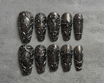 Dark Gothic Lion Crest & Cathedral Armor Press On Nails | 3D Dark Chrome Medieval Knight Fake Nails