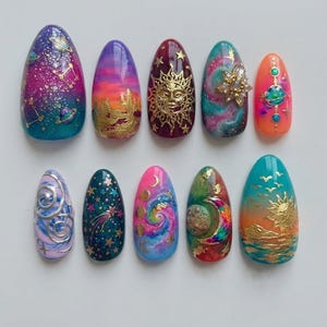 Celestial Galaxy Sunset Press on Nails | Gold Sun Moon Planet Art | Nebula Cosmos Ocean Landscape Custom Luxury Fake Nails