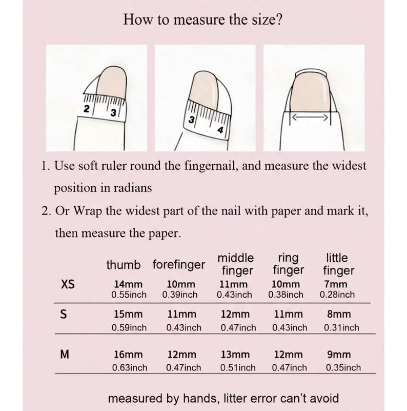Puede incluir: Gr&aacute;fico rosa con instrucciones sobre c&oacute;mo medir el tama&ntilde;o de las u&ntilde;as. La imagen muestra c&oacute;mo medir con una regla o papel. Las medidas se proporcionan en pulgadas y mil&iacute;metros para diferentes tama&ntilde;os de dedos, incluyendo XS, S y M.