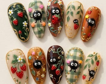 Studio Ghibli Soot Sprite Strawberry Plaid Press On Nails | 3D Star Fake Nails