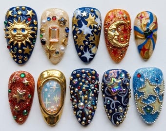 Handmade Press On Nails | Celestial Carnival & Gilded Astrology Art | 3D Gold Sun, Moon Face And Multi-Color Gemstone Design
