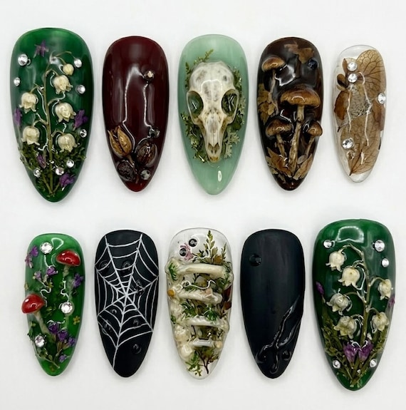 Handmade Press On Nails | Dark Goblincore Specimen | 3D Animal Skull, Lily of the Valley, Spiderweb & Mushroom Set