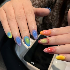 Rainbow Ombre Press On Nails | Glossy Gradient Fake Nails in Sunset & Ocean Colors | Handmade Colorful Nail Set, Gift for Her