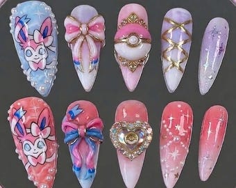Uñas postizas hechas a mano / Jardín de ensueño de Sylvon / Arte 3D de Pokemon con Pokébola y lazo