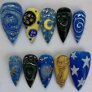 Handmade Cosmic Galaxy Press On Nails | 3D Stars, Crescent Moons, Swirls & ET Alien Art | Pointed Nails For Sci-Fi Dream Vibe