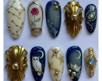 Celestial Zodiac & Owl Nails | Vintage Gold Shell And Starry Night Press Ons Nails