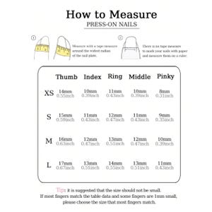 Puede incluir: Un gr&aacute;fico blanco con instrucciones sobre c&oacute;mo medir las u&ntilde;as postizas. La tabla muestra medidas en mil&iacute;metros y pulgadas para el pulgar, &iacute;ndice, anular, medio y me&ntilde;ique, con tallas XS a L.