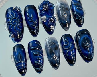 Handmade Press On Nails | Mystic Blue Cat Eye | 3D Gothic Floral & Celestial Spiderweb Design
